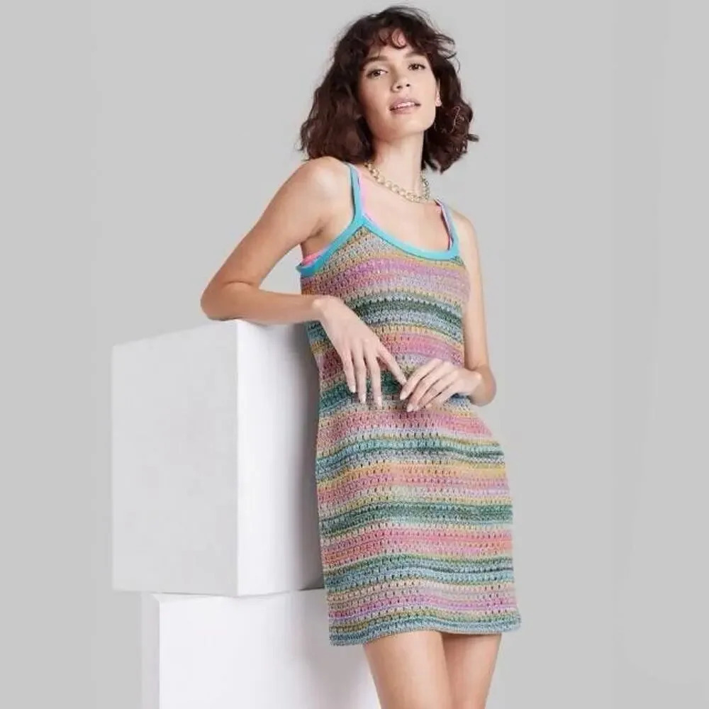 NWT Wild Fable Sleeveless Strappy Sweater Slip Dress Multicolor Cotton Crochet